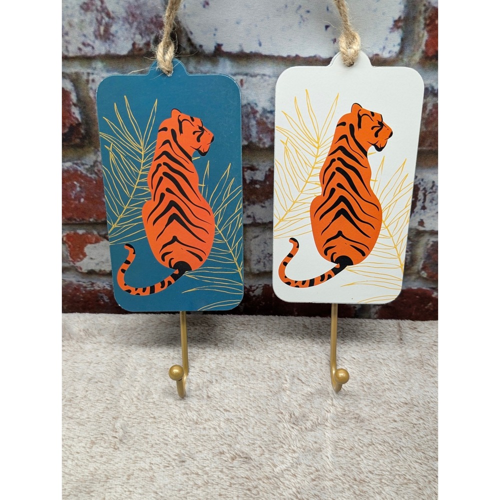 True Living Enchanted Tropic Tiger Wall Hooks Dark Teal Green and White Pair